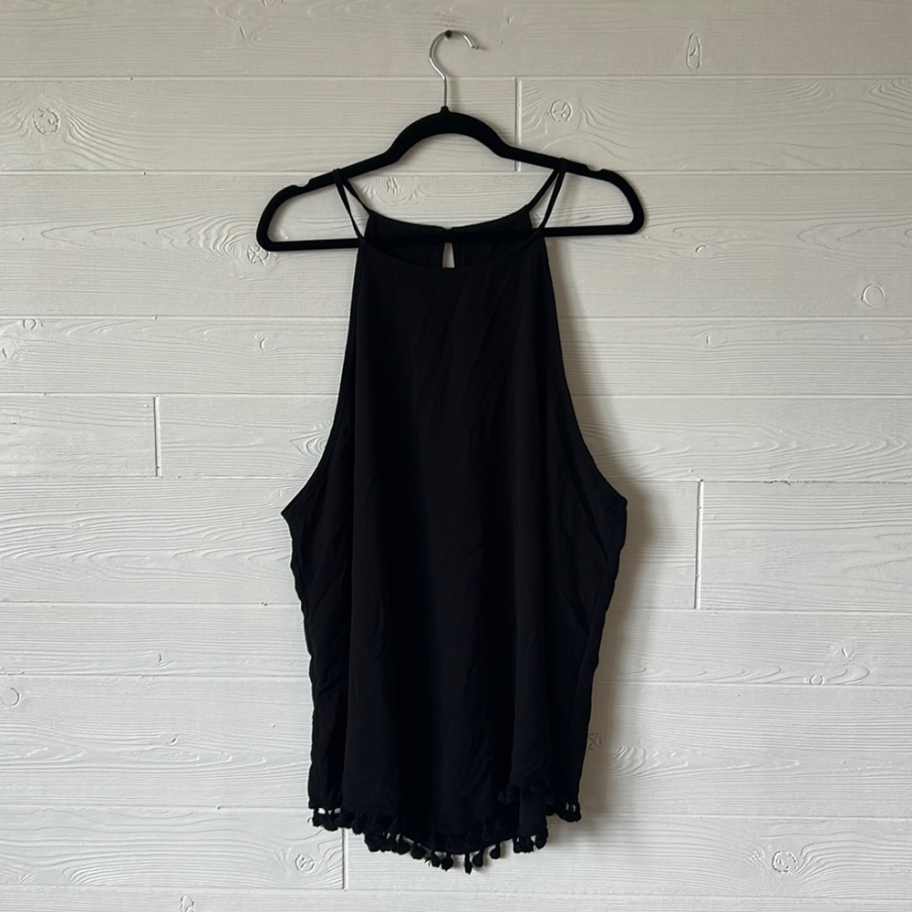 Shein 4X black high neck blouse sleeveless with tassel hemline